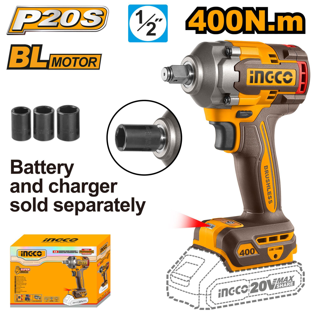 Аккумуляторный бесщеточный ударный гайковерт INGCO CIWLI20401 INDUSTRIAL 20 В 1/2" 400 Нм
