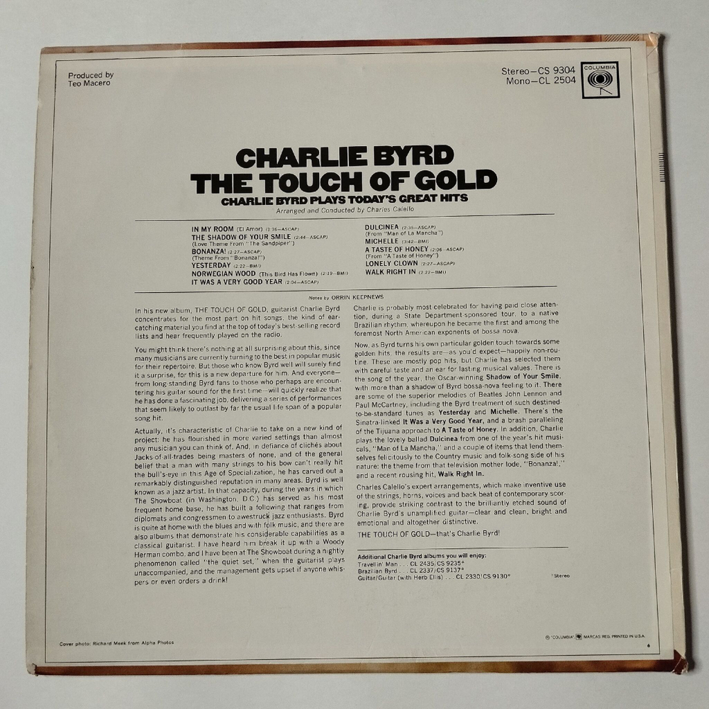 Винтажная виниловая пластинка LP The Touch Of Gold Charlie Byrd Plays Todays Great Hits (USA 1966)