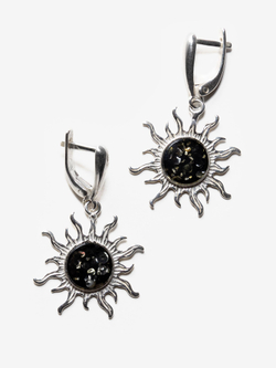 Серебряные серьги с цельным янтарем "Солнце", серебро 925 пробы