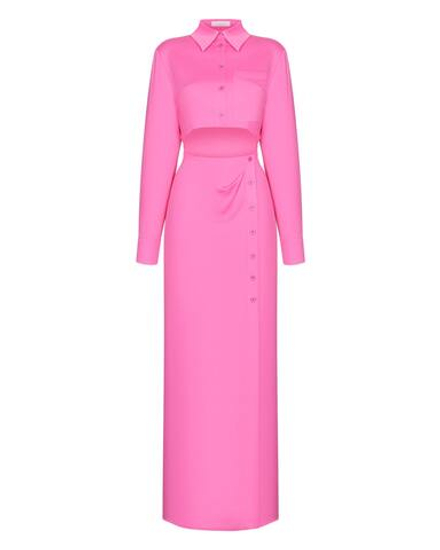 Платье макси с рукавом из сатина и вырезом на животе, розовый