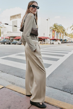 ZARA БРЮКИ С ШИРОКИМИ ШТАНИНАМИ И ДВОЙНЫМ ПОЯСОМ, ПЕСОЧНЫЙ