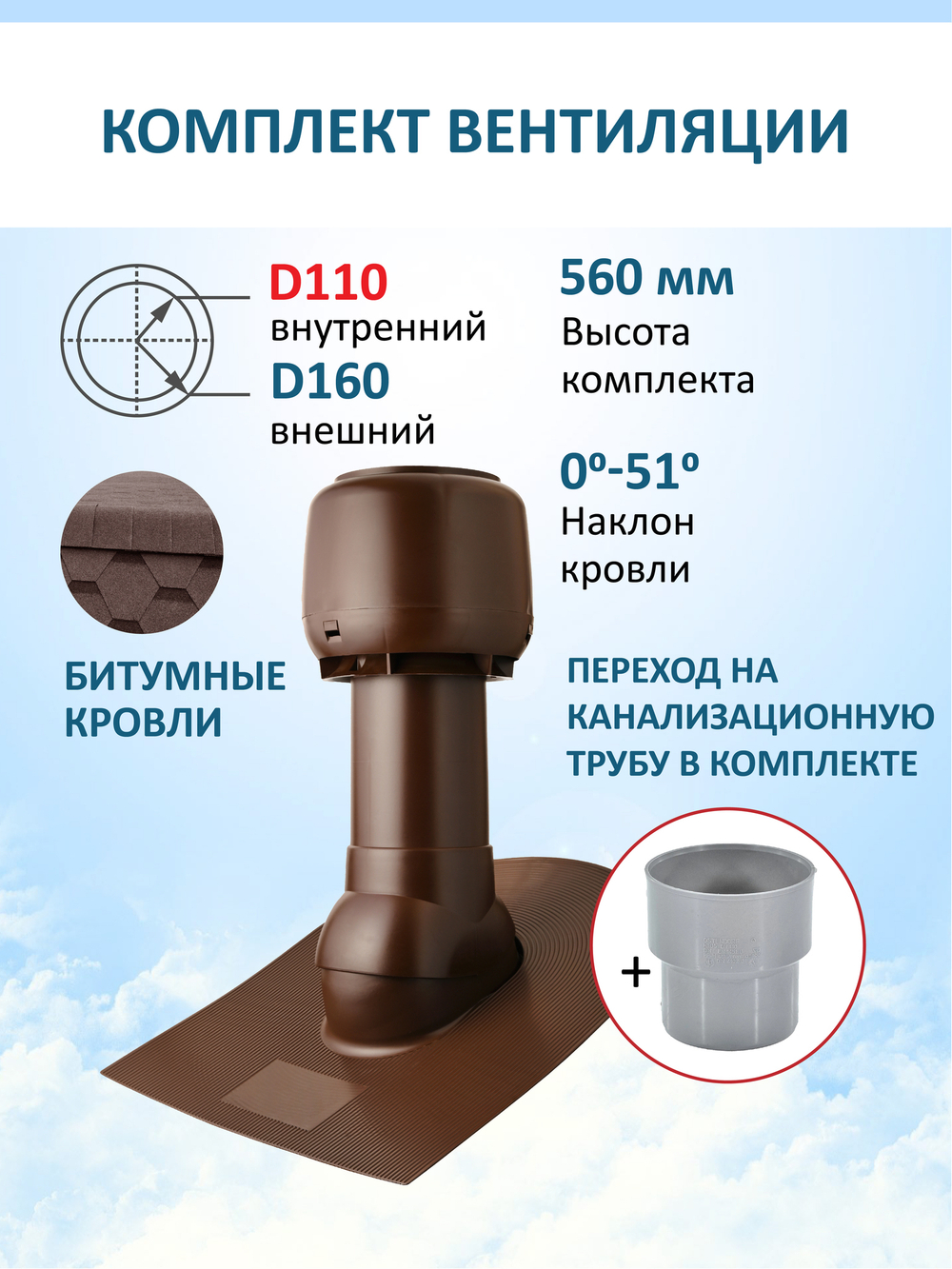 Комплект вентиляции: Вентиляционный выход изолированный D125/160 утепленный высота H=500 мм, проходной элемент для битумной кровли, колпак вентиляционный D160 мм, переход на канализационную трубу D110 с вентиляционного выхода 125/160 без уплотнения, коричневый