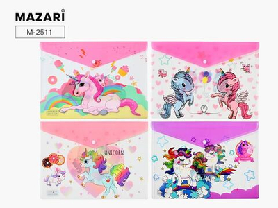 Папка-конверт кнопкой пластиковая 26 х 36 см,4 дизайна в ассорт. UNICORN (Mazari)