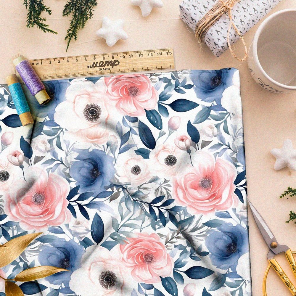 Ткань премиум Оксфорд 600D акварельные розовоголубые цветы