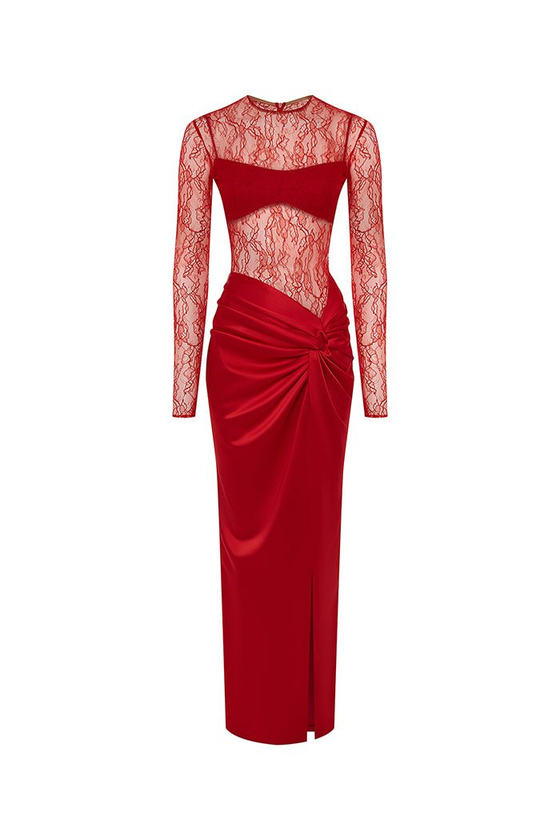 Платье макси драпированное из атласа и кружева с закрытым лифом