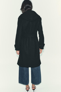 ZARA МЯГКОЕ ПАЛЬТО С КАПЮШОНОМ, ЧЕРНЫЙ