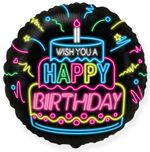 Шар (9''/23 см) Мини-круг, С Днем Рождения! (неоновые огни), Черный, 1 шт.