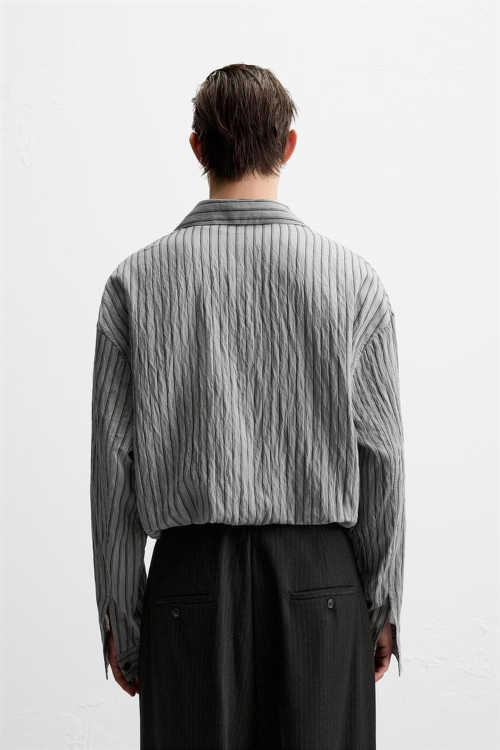 ZARA РУБАШКА ИЗ СМЕСОВОЙ ВИСКОЗЫ В ПОЛОСКУ, СЕРЫЙ