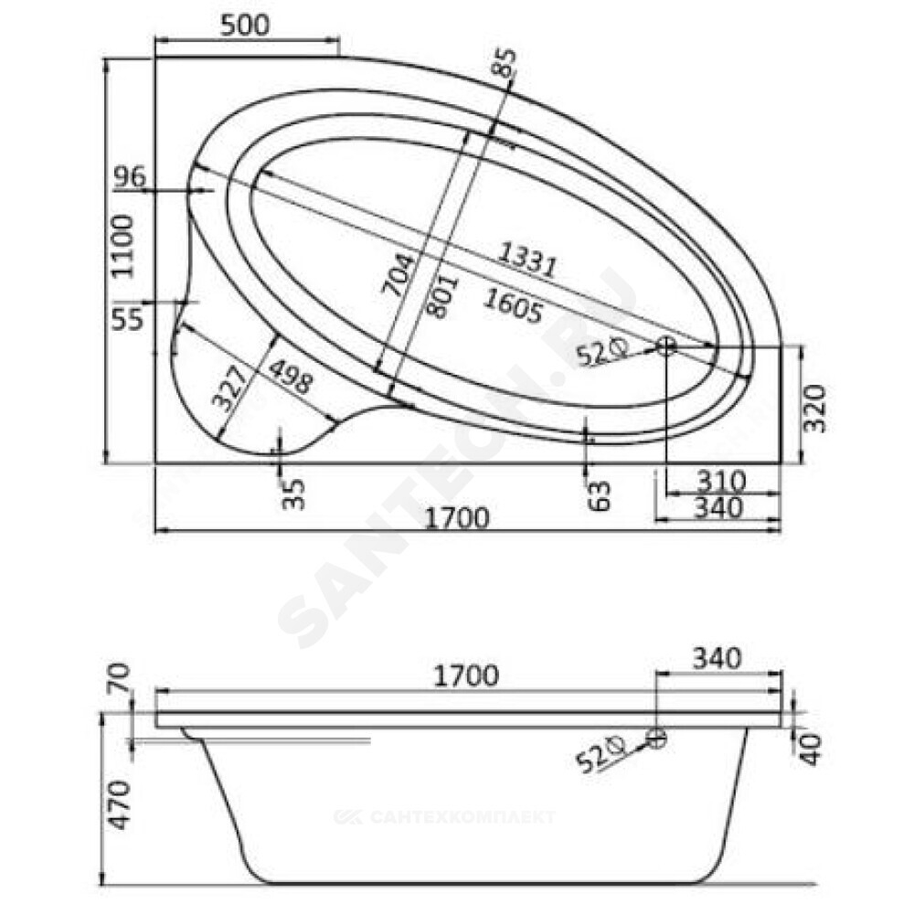 Ванна акриловая Эдера R 170х110см без ножек правосторонняя Santek 1.WH11.1.994