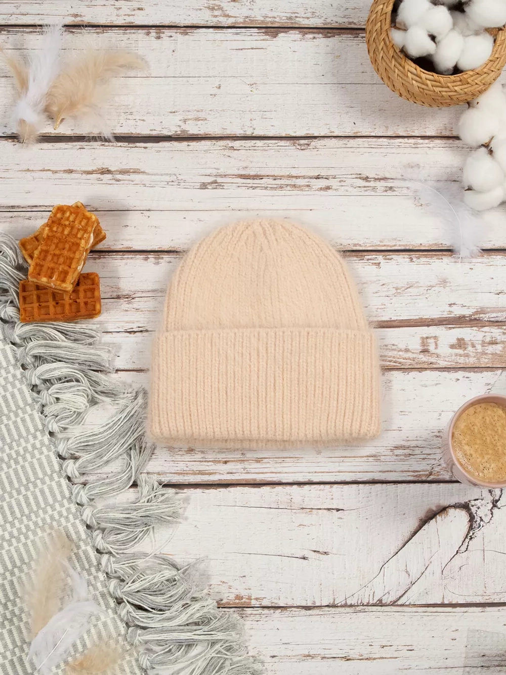 шапка вязаная бини ангора теплая демисезонная с отворотом