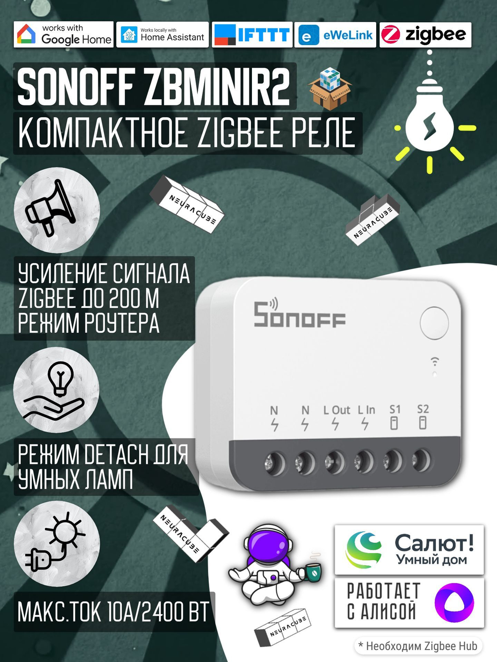 Zigbee реле Sonoff ZBMINIR2 Extreme, 10А/2200Ватт (Работает с Алисой, Сбер Салют)