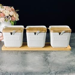 Lenardi 140-084 Набор из 3 банок 350 мл с ложками на подставке BAMBOO в под.уп.(х12)Фарфор,бамбук