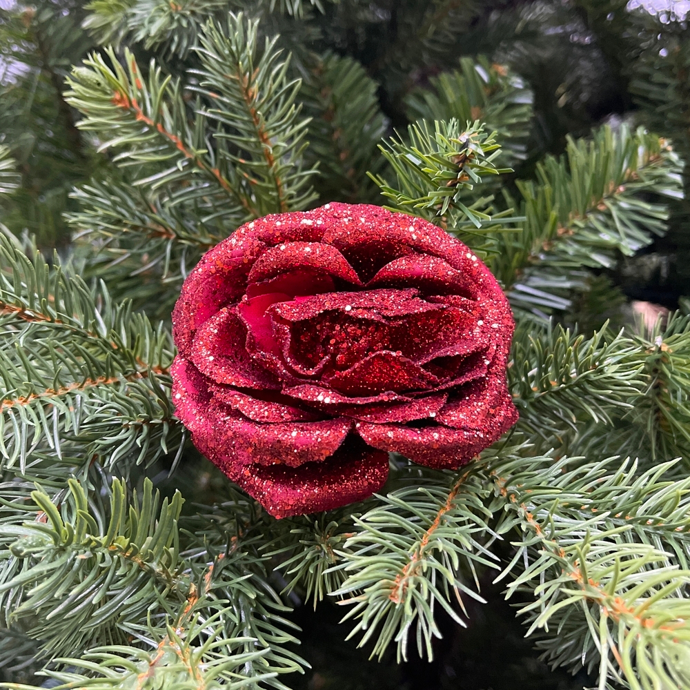 Набор цветов 6шт 8см House of Seasons Роза красная в блестках на клипсе