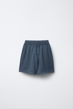 ZARA ТРИКОТАЖНЫЕ ШОРТЫ ИЗ СМЕСОВОГО ЛЬНА, ЗЕЛЕНОВАТО-СИНИЙ