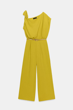 ZARA КОМБИНЕЗОН С АСИММЕТРИЧНЫМ РУКАВОМ И ПОЯСОМ, ОЛИВКОВЫЙ