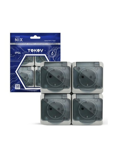 Розетка 4-м ОП Nix 16А IP54 250В с заземл. с прозр. крышкой сер. TOKOV ELECTRIC TKE-NX-R4Z-C06T-IP54