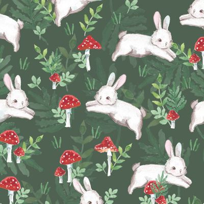 Акварельные кролики на фоне леса с мухоморами