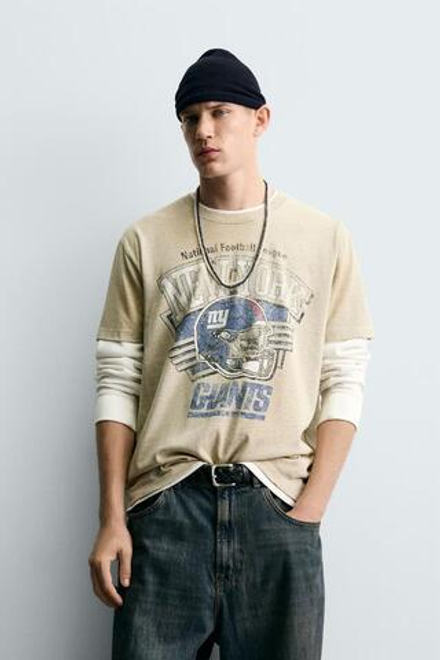 ZARA ФУТБОЛКА С ЭФФЕКТОМ ПОТЕРТОСТИ NFL NEW YORK GIANTS, СЕРЫЙ МЕЛАНЖ