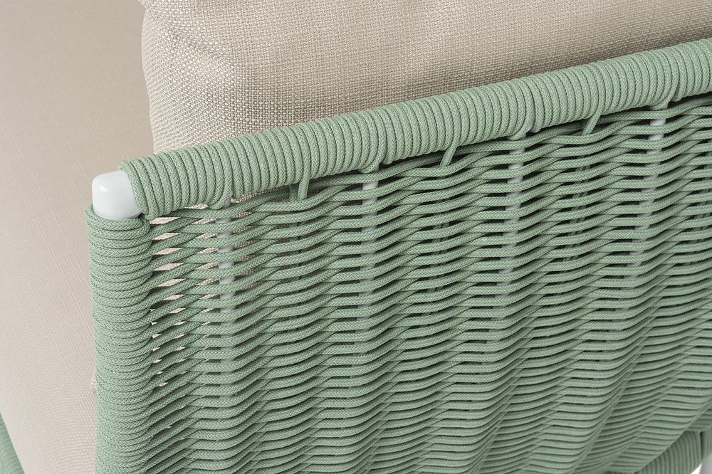 "Фиджи" диван 3-местный плетеный из роупа, каркас алюминий светло-серый (RAL7035) муар, роуп зеленый (4204) круглый tex, ткань Mossle бежевая