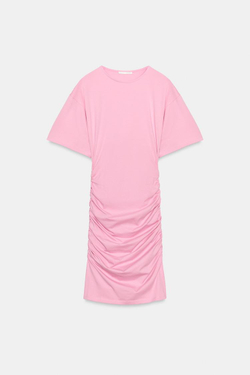 ZARA КОРОТКОЕ ПЛАТЬЕ СО СБОРКАМИ, ПАСТЕЛЬНО-РОЗОВЫЙ