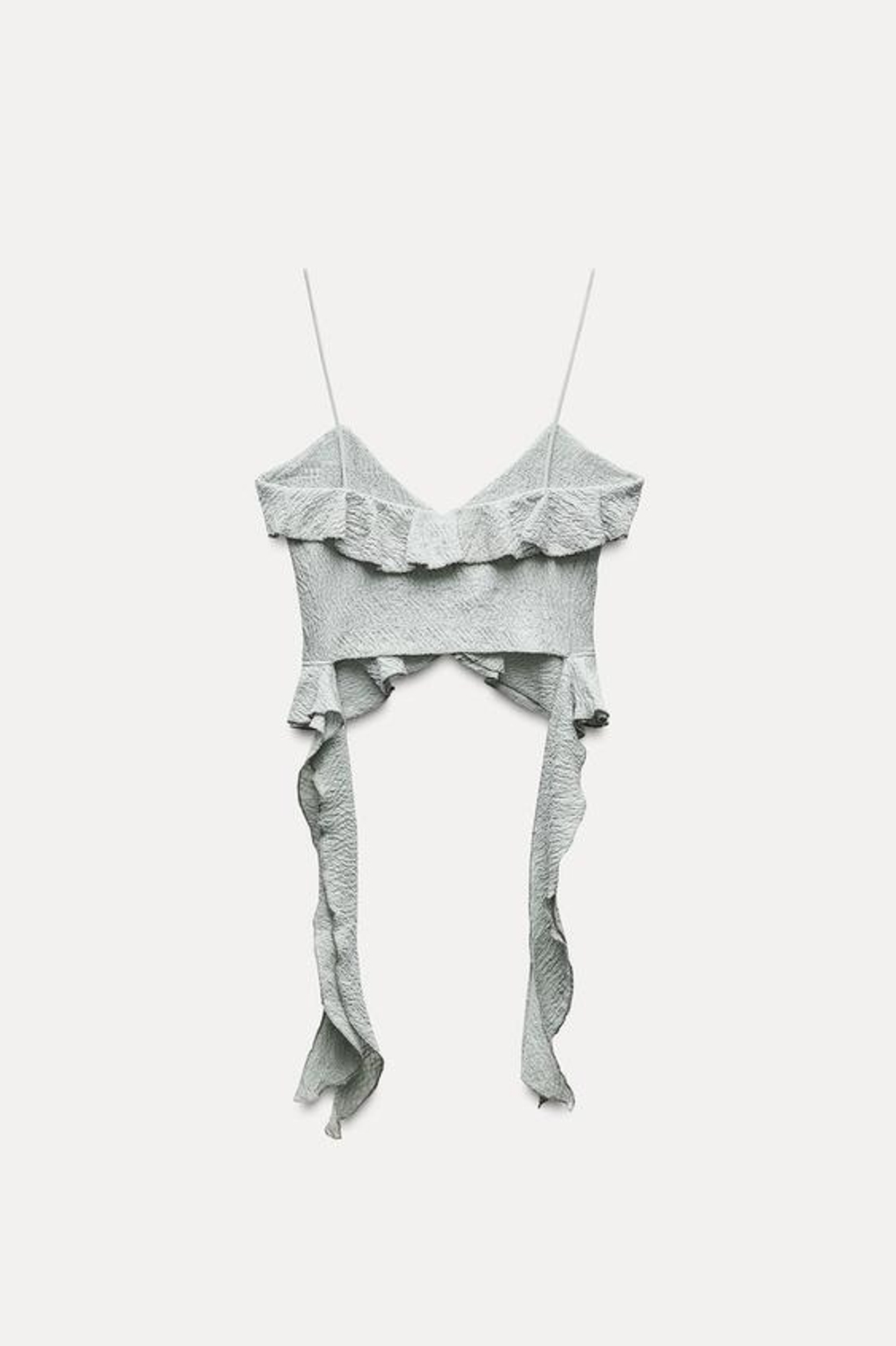 ZARA УКОРОЧЕННЫЙ ТОП ИЗ РЕЛЬЕФНОЙ ТКАНИ С ВОЛАНАМИ, ВОДЯНИСТЫЙ ЗЕЛЕНЫЙ