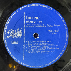Винтажная виниловая пластинка LP Edith Piaf Recital 1961 (Canada 1961)
