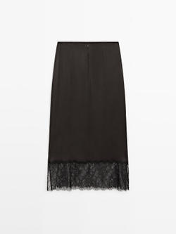 Massimo Dutti Юбка-миди с кружевной отделкой, коричневый