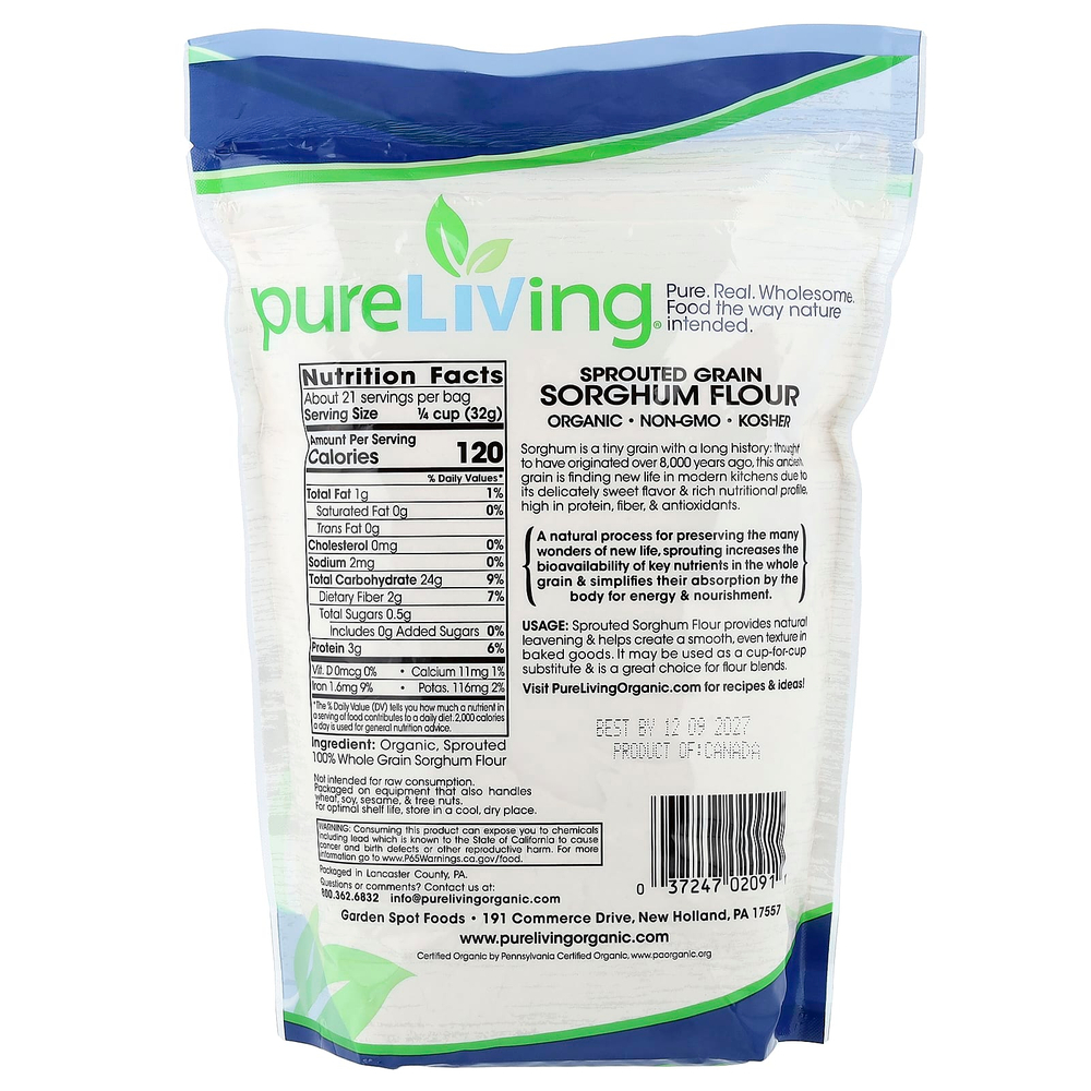 Pure Living, органическая мука из пророщенного зерна сорго, 680 г (24 унции)