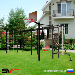 Уличная шведская стенка Sv Sport рукоход х 2 с комплектом турник прямой 2шт У54477К (Турник/Брусья/Стойка/Скамья/Со спинкой/Щит баскет/Кронш бокс/Канат/кольца/лестница/Сетка)
