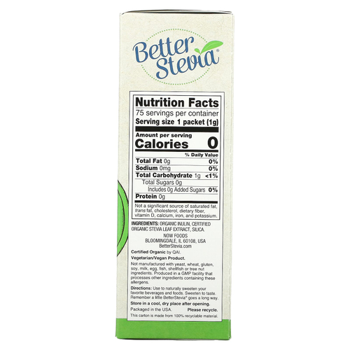 NOW Foods, Органическая продукция, BetterStevia, Некалорийный подсластитель, 75 пакетиков, 2,65 унции (75 г)