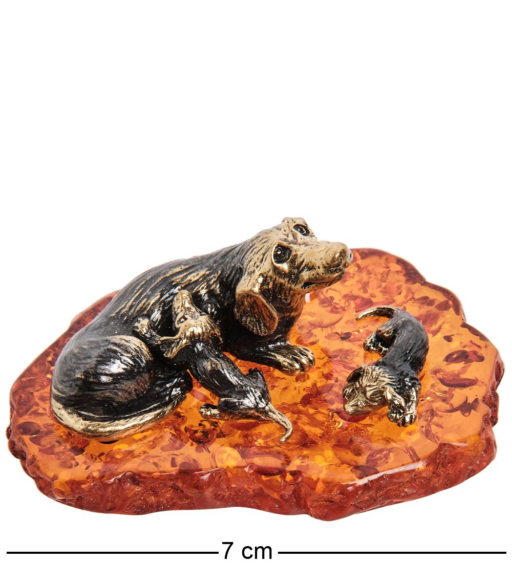 Народные промыслы AM-2060 Фигурка «Собака-Кнопка с щенятами» (латунь, янтарь)