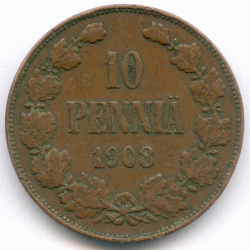 10 пенни 1908 год. Россия для Финляндии (Вензель Николая II). VF-