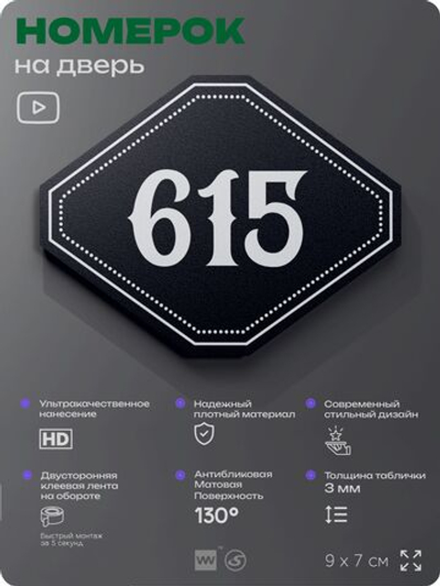 Номерок на дверь квартиры 615, для кабинета, офиса, шильдик 9 х 7 см, черный, Айдентика Технолоджи
