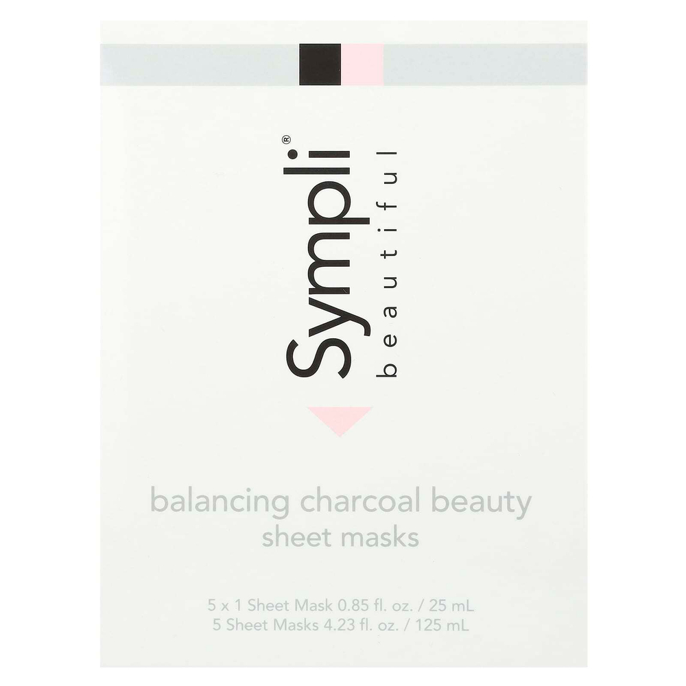 Sympli Beautiful, тканевые маски с древесным углем для восстановления баланса, 5 шт., 25 мл (0,85 жидк. унции) каждая