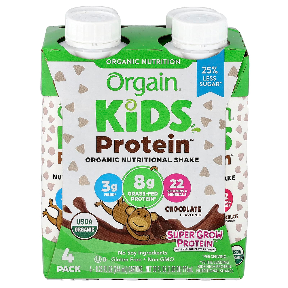 Orgain, Kids Protein™, органический питательный коктейль, шоколадный вкус, 4 пакетика по 244 мл (8,25 жидк. унции)