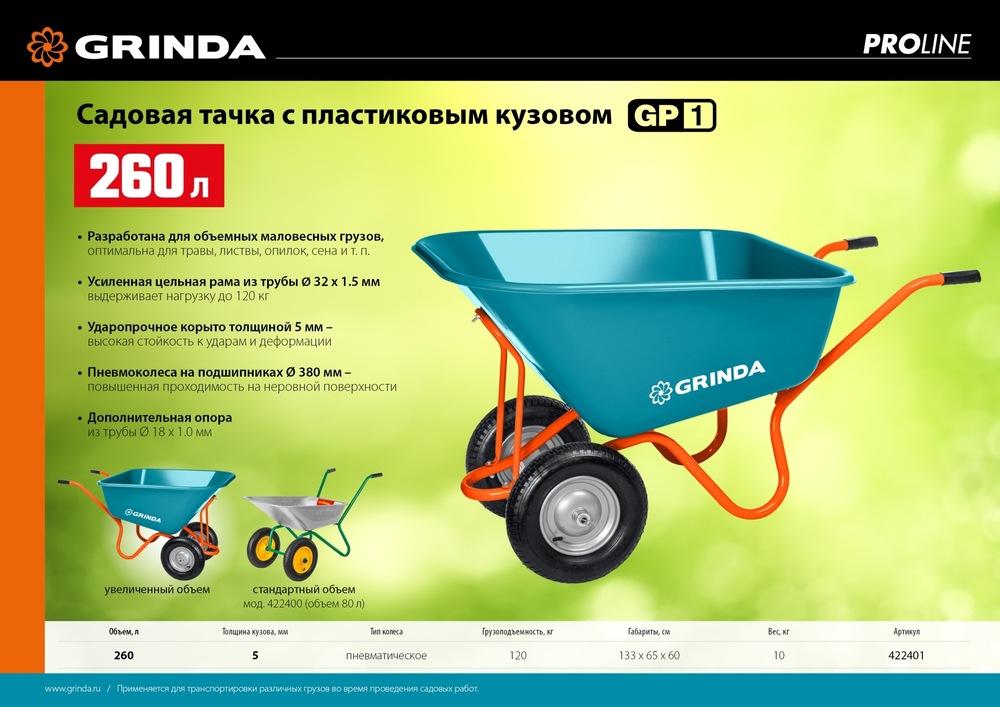 GRINDA GP-1, кузов увеличенного объема 260 л, г/п 120 кг, ударопрочный пластик, PROLine (422401)