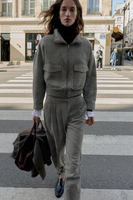 ZARA БОМБЕР «ГУСИНАЯ ЛАПКА», ЭКРЮ/ЧЕРНЫЙ