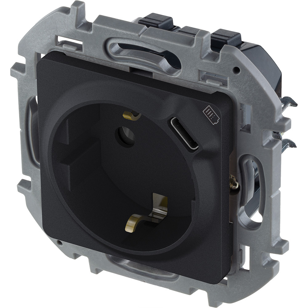 Розетка с заземлением с USB тип C со шторками 16А 250В 1500мА 5В антрацит Inspiria Legrand