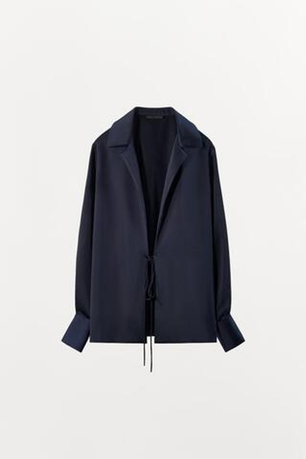 ZARA АТЛАСНАЯ РУБАШКА С ЗАВЯЗКАМИ, МОРСКОЙ ЯРКО-СИНИЙ