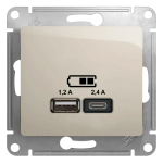 GLOSSA USB РОЗЕТКА А+С, 5В/2,4А, 2х5В/1,2А, механизм, МОЛОЧНЫЙ