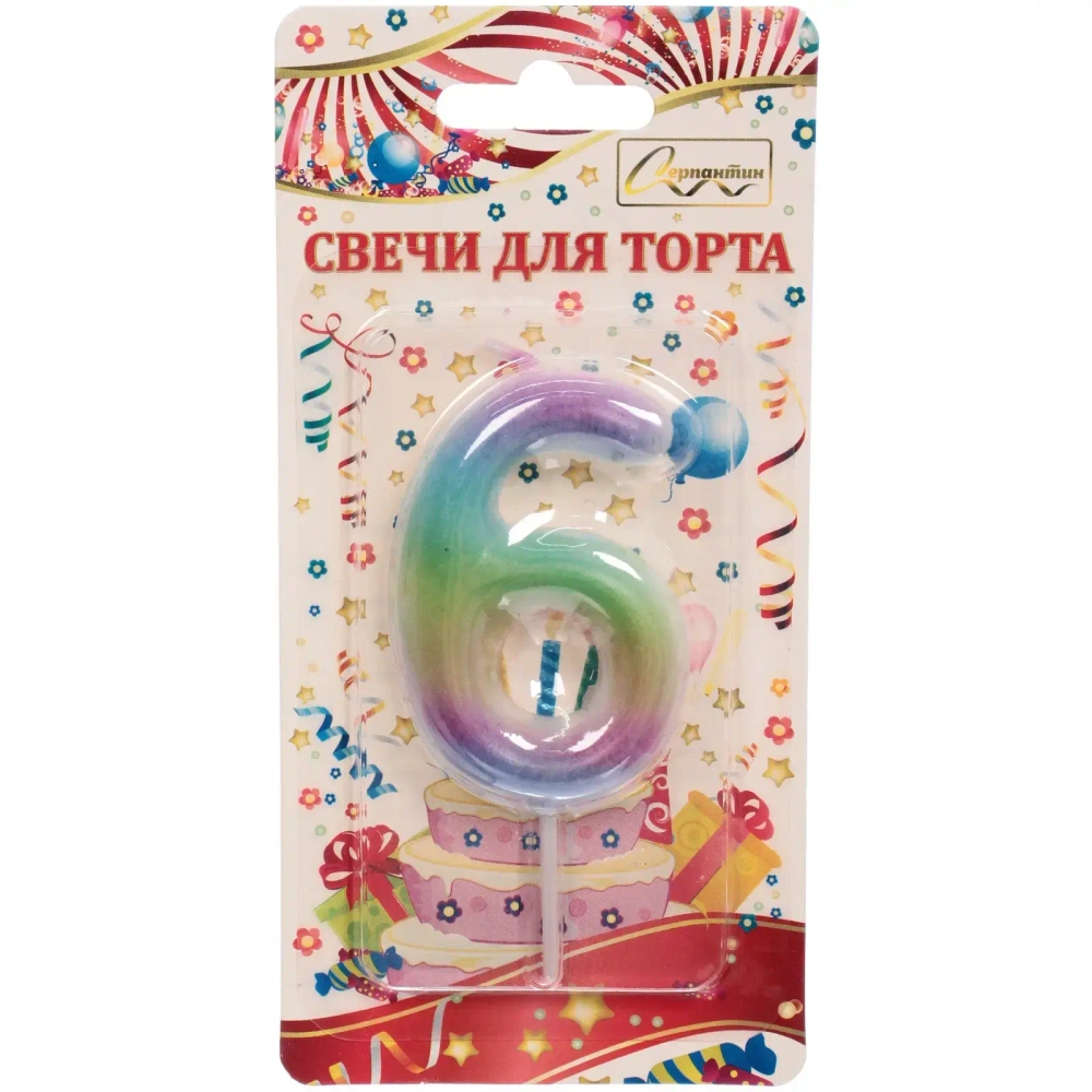 Свеча для торта Цифра Радуга «6» 6*4 см