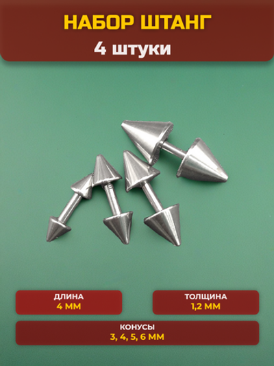 Набор штанг (4 шт.) 4 мм с конусами 3, 4, 5, 6 мм для пирсинга ушей. Медицинская сталь.