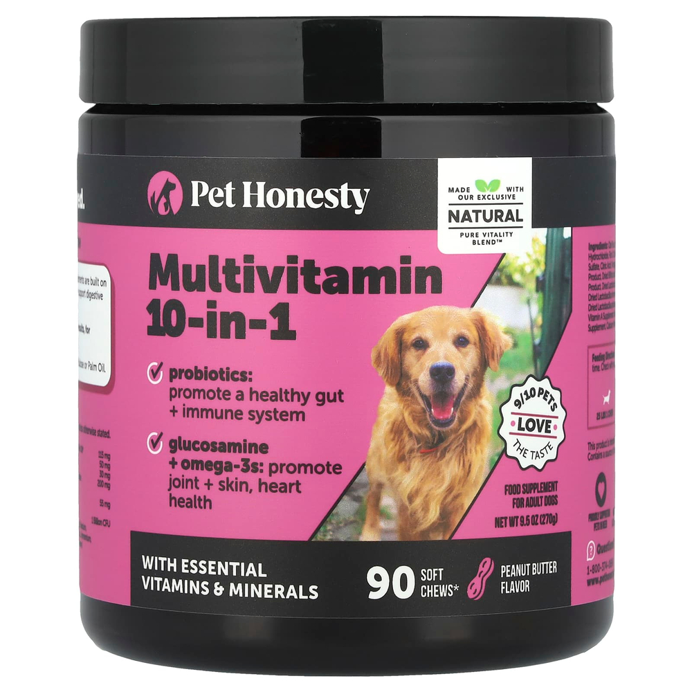 Pet Honesty, Мультивитамины 10 в 1, для взрослых собак, арахисовая паста, 90 жевательных таблеток, 270 г (9,5 унции)
