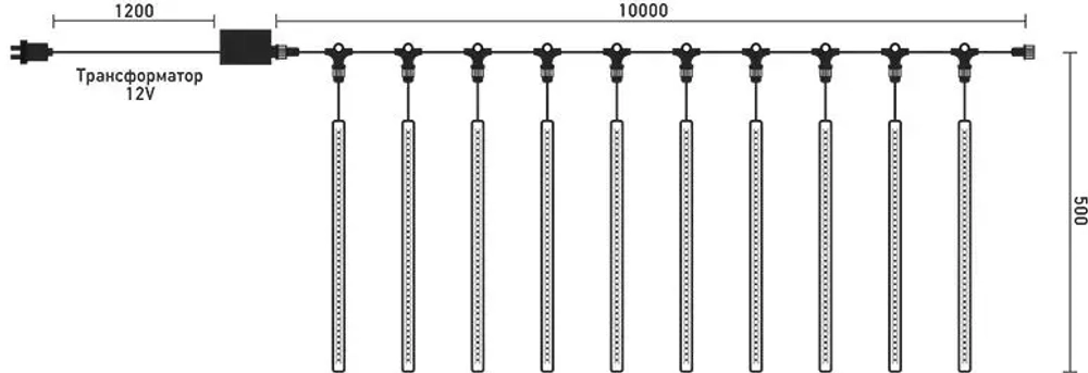 Гирлянда Тающие сосульки 10*0.5 м., 24V., 600 теплых белых LED ламп, коннектор, черный ПВХ, LTC (CCL600-10-1WW)