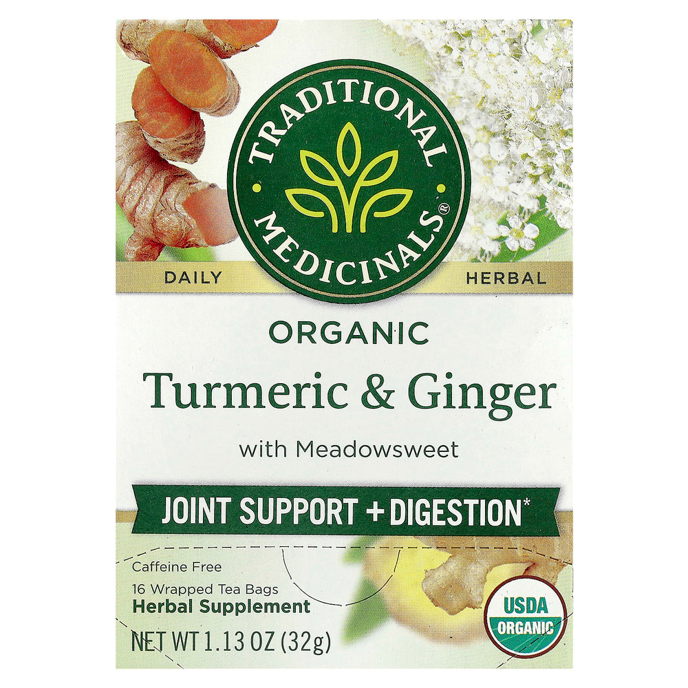 Traditional Medicinals, Органическая куркума с таволгой и имбирем, без кофеина, 16 чайных пакетиков в упаковке, 32 г (1,13 унции)