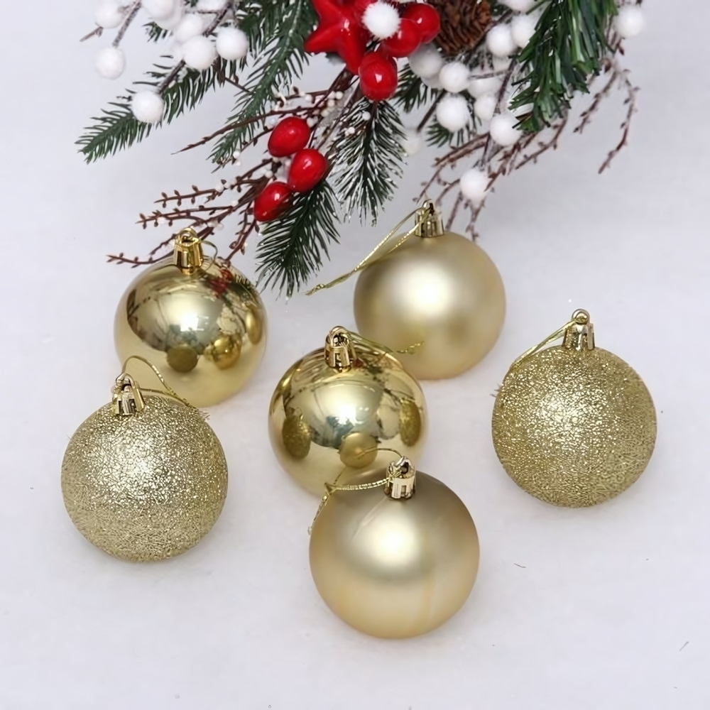 Новогодние шары 6 см (набор 6 шт) "Микс фактур", Золотой (Серпантин)