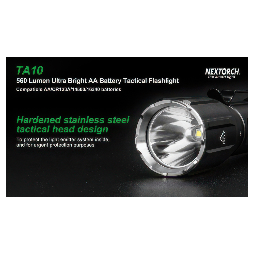 Тактический фонарь Nextorch TA10 — возможность питания от четырёх типов батарей/аккумуляторов (АА, 14500, 16340, CR123A)