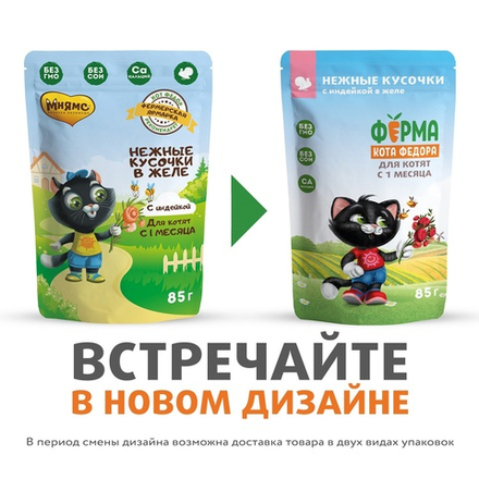 Паучи Ферма кота Фёдора нежные кусочки в желе с индейкой для котят 85г