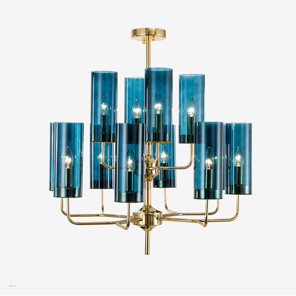 Chandelier  Brass & Blue Glass Tube by Hans-Agne Jakobsson (15 lampshades,  Blue)