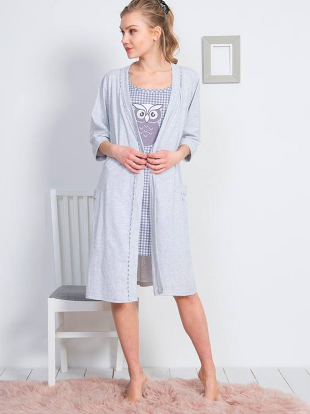 Женский комплект с туникой на бретельках и халатиком (Размер: L) (Цвет: серый)